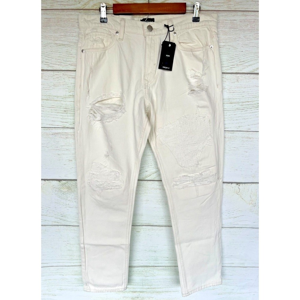 Forever 21 Distressed Jeans Mens Size 33X30 Ivory Distressed Slim Fit Jeans New